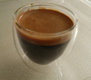 Espresso shot in Bodum glass cup 1
